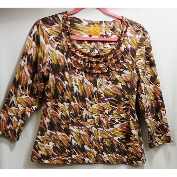 Ruby Rd Petite Women's Top Geometric Print 3/4 Sleeve Embellished Neck Neutrals - Picture 1 of 6